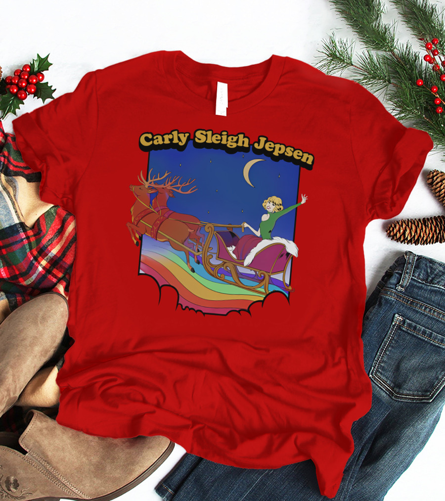 Carly Sleigh Jepsen Christmas Reindeer Sleigh Adventure Under Moonlit Sky T-Shirt