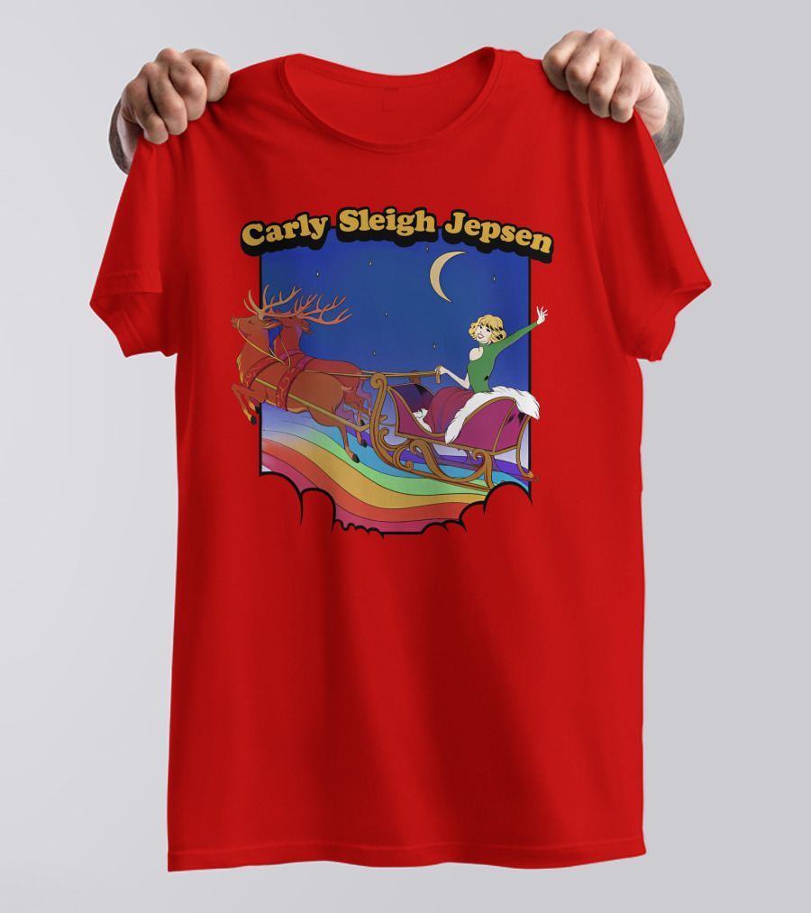 Carly Sleigh Jepsen Christmas Reindeer Sleigh Adventure Under Moonlit Sky T-Shirt