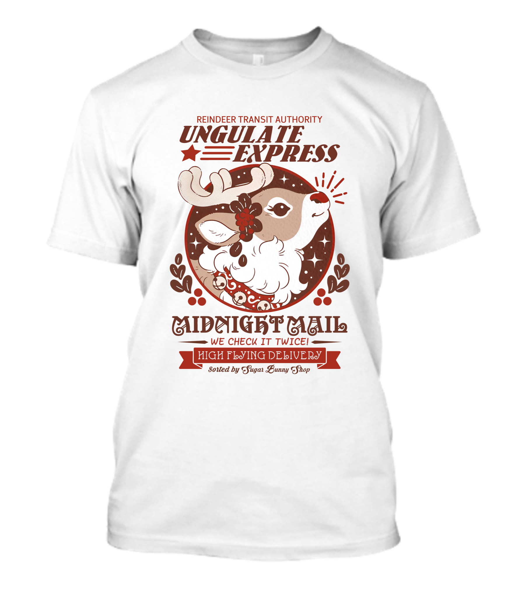 Reindeer Transit Authority Ungulate Express Midnight Mail High Flying Delivery T-Shirt