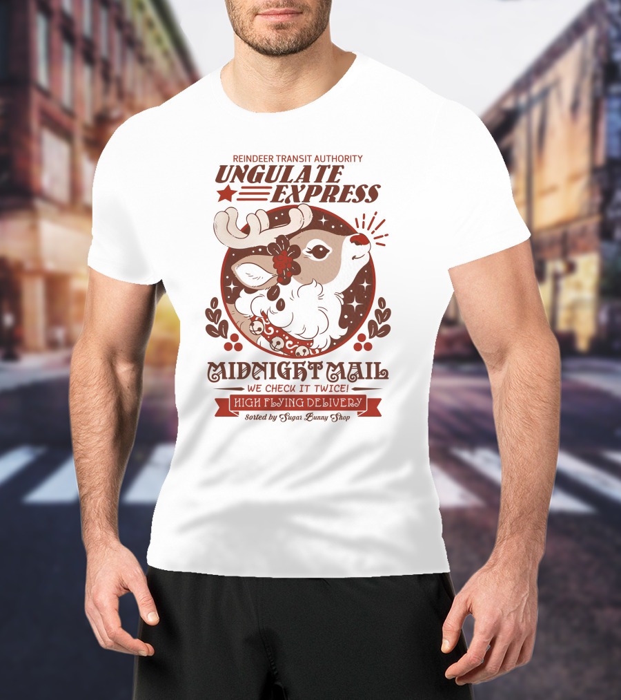 Reindeer Transit Authority Ungulate Express Midnight Mail High Flying Delivery T-Shirt