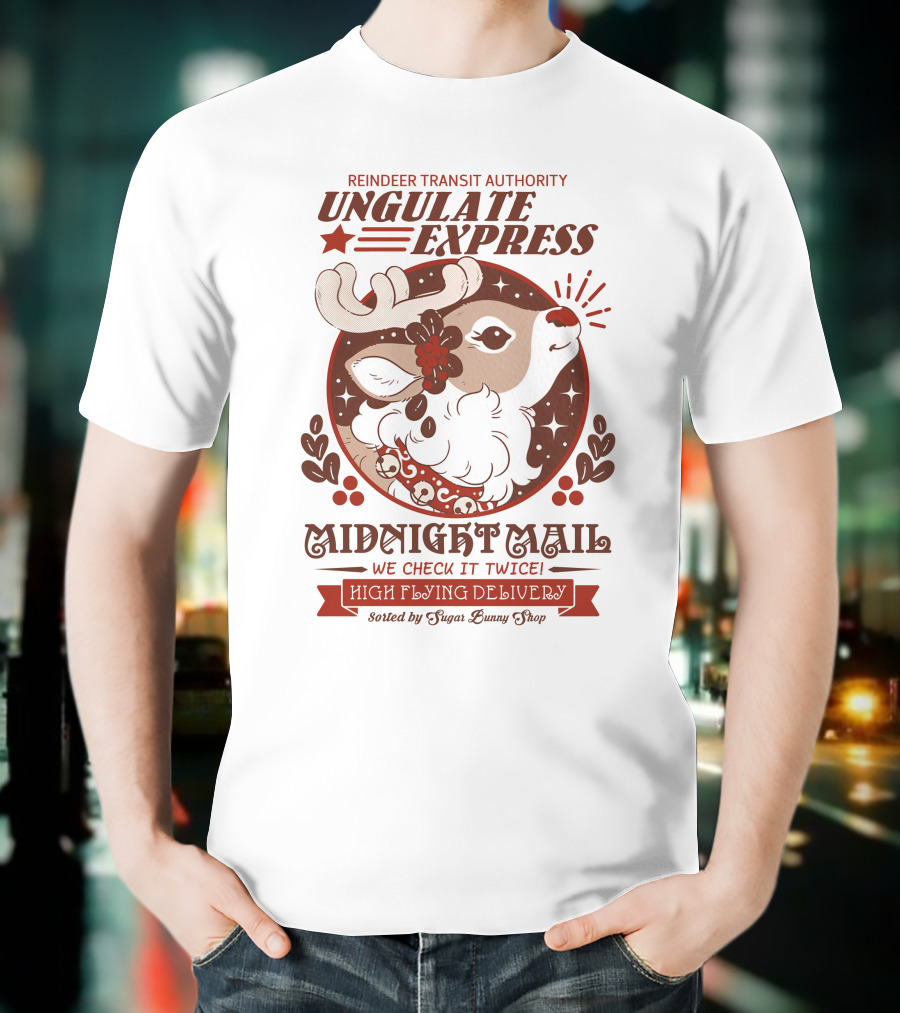 Reindeer Transit Authority Ungulate Express Midnight Mail High Flying Delivery T-Shirt