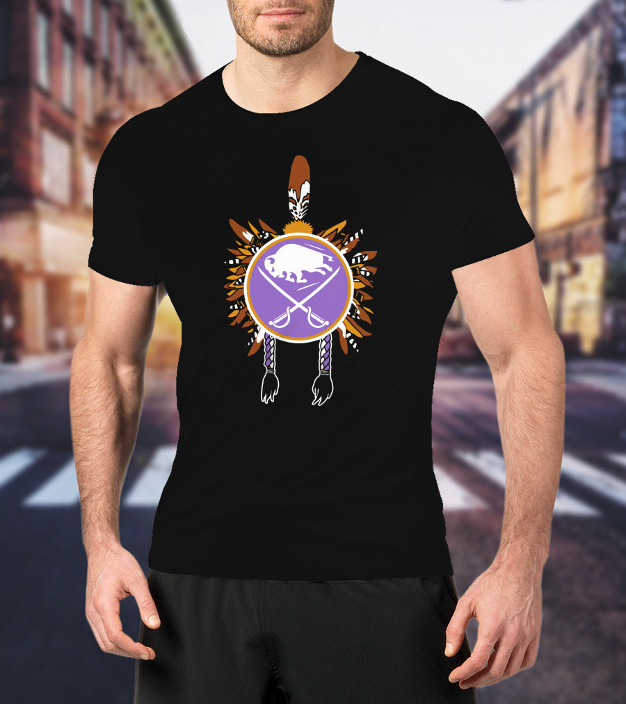 Buffalo Sabres Native American Feathered Symbol With Purple Circle And Crossing Sticks T-Shirt