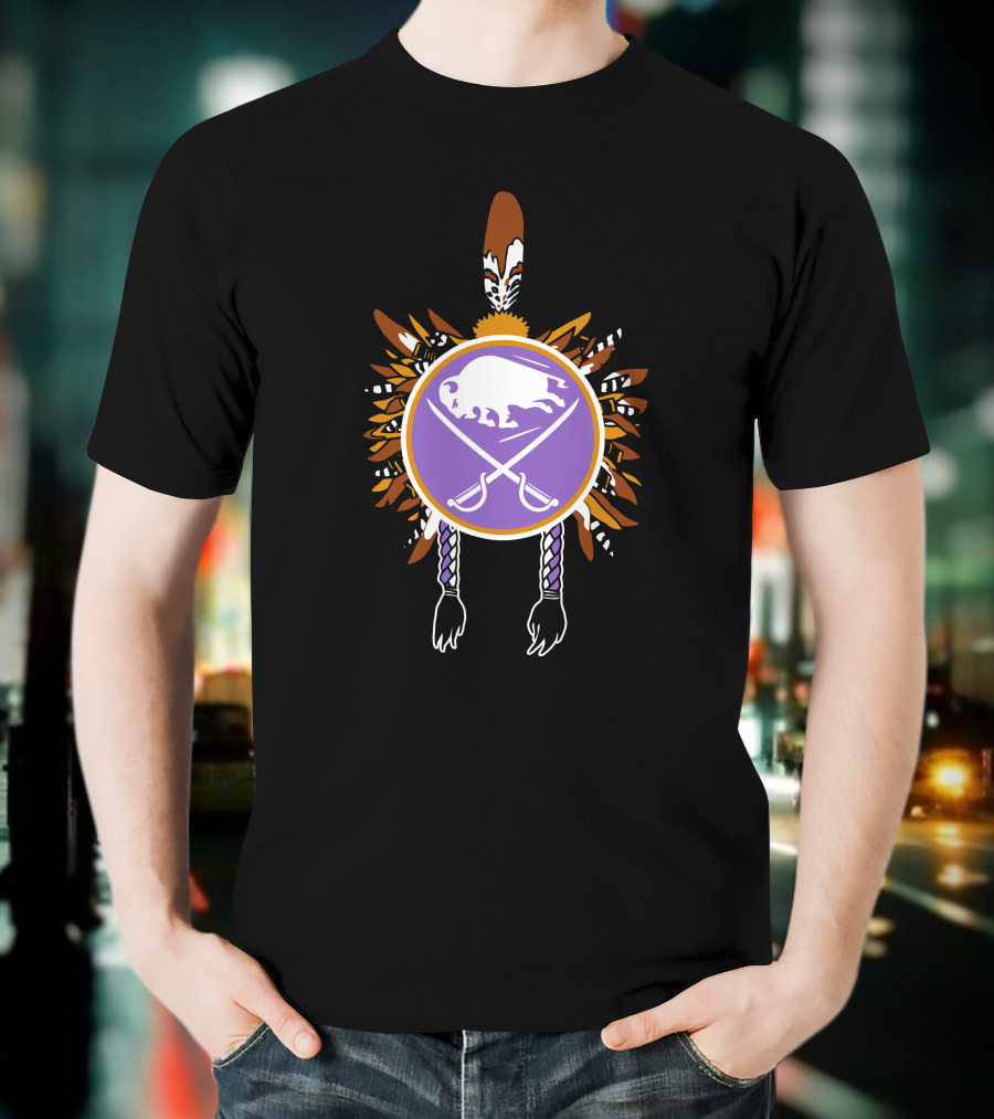 Buffalo Sabres Native American Feathered Symbol With Purple Circle And Crossing Sticks T-Shirt