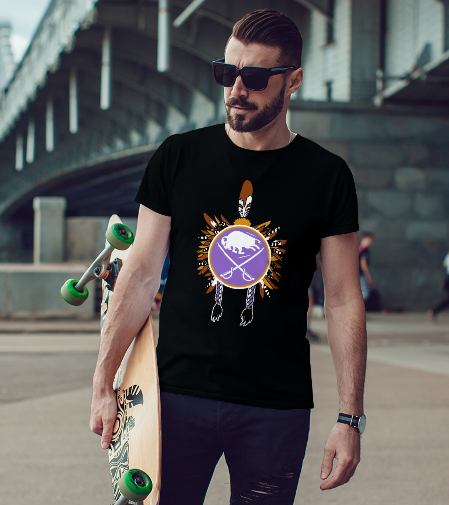 Buffalo Sabres Native American Feathered Symbol With Purple Circle And Crossing Sticks T-Shirt