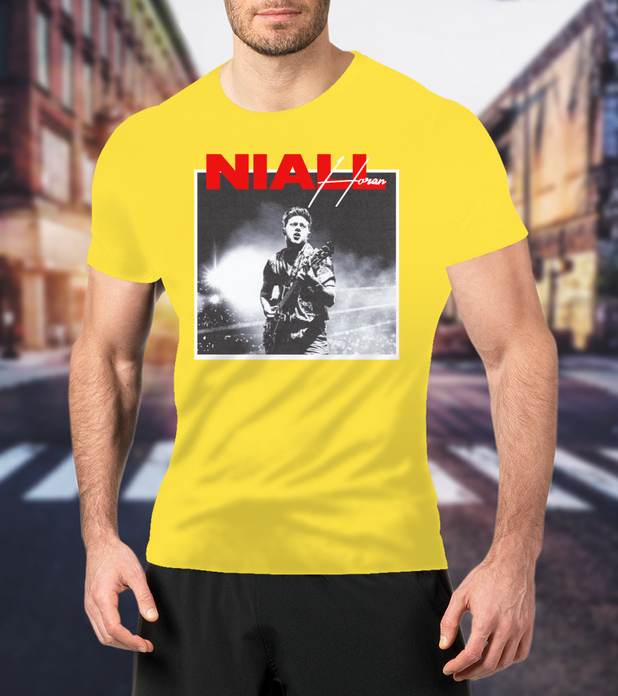 Niall Horan Live Performance Black And White Stage Photo With Red Name Highlight T-Shirt