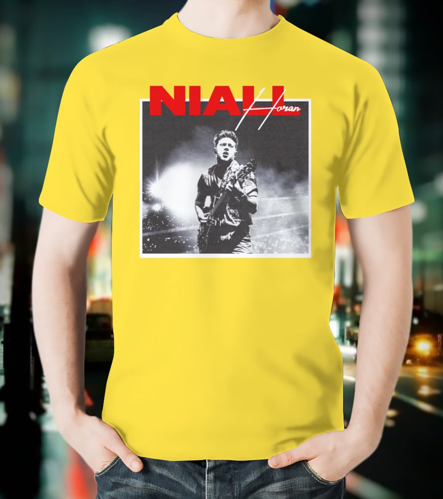 Niall Horan Live Performance Black And White Stage Photo With Red Name Highlight T-Shirt