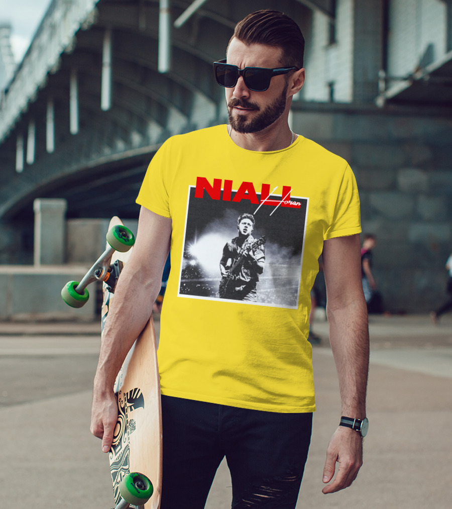 Niall Horan Live Performance Black And White Stage Photo With Red Name Highlight T-Shirt