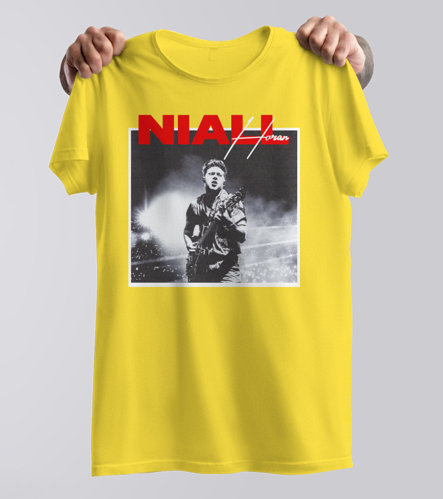 Niall Horan Live Performance Black And White Stage Photo With Red Name Highlight T-Shirt
