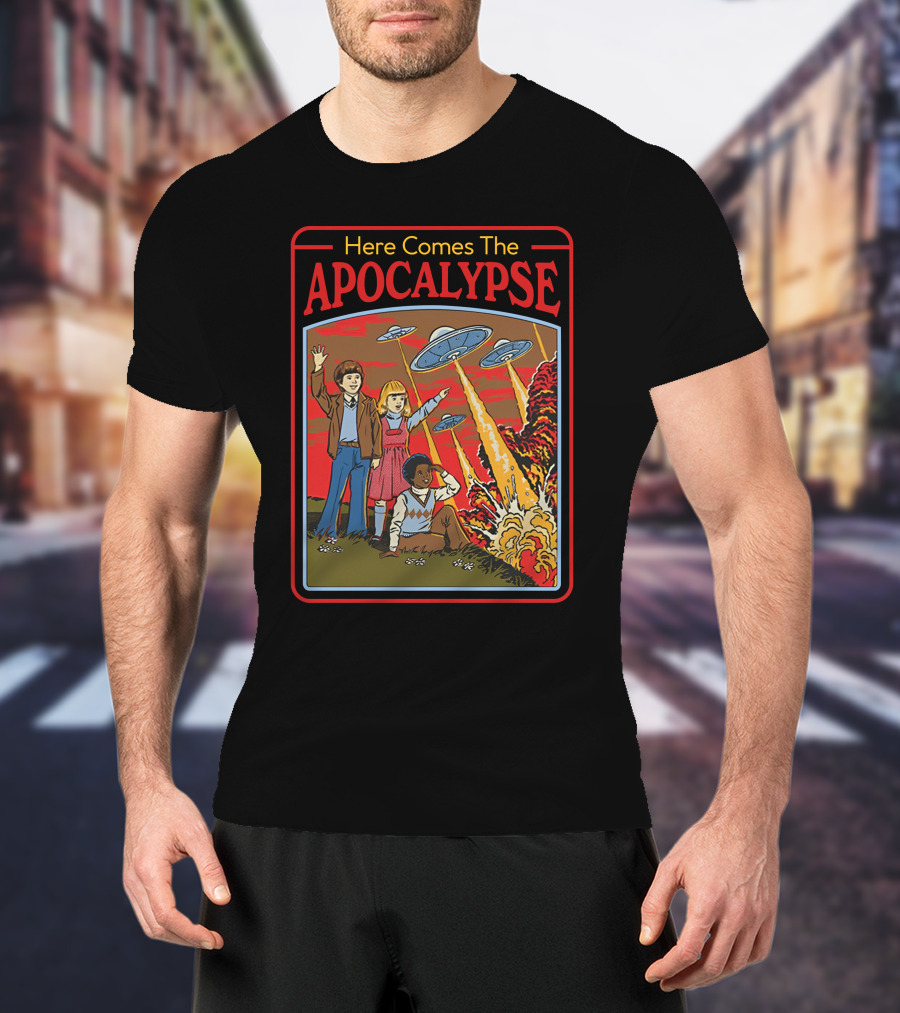 Here Comes The Apocalypse UFO Invasion With Kids And Explosions T-Shirt