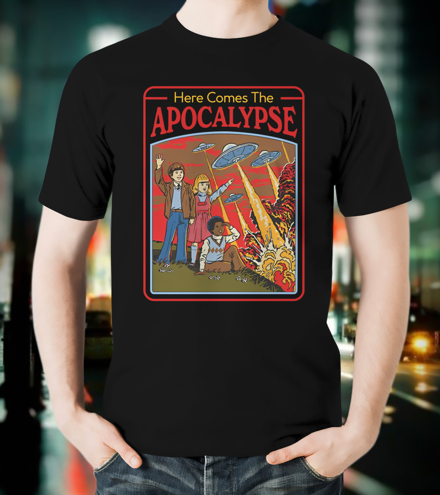 Here Comes The Apocalypse UFO Invasion With Kids And Explosions T-Shirt