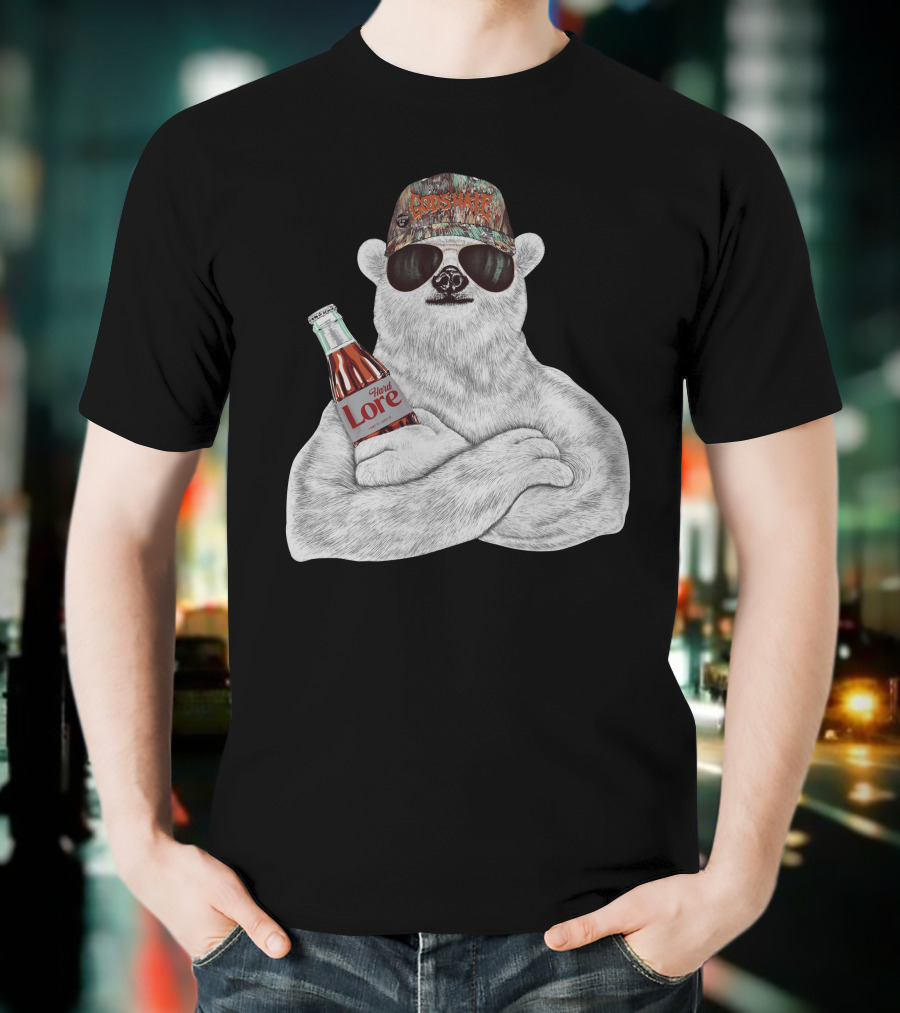 Polar Bear Gods Hate Hard Lore Camo Hat Sunglasses Holding Bottle T-Shirt