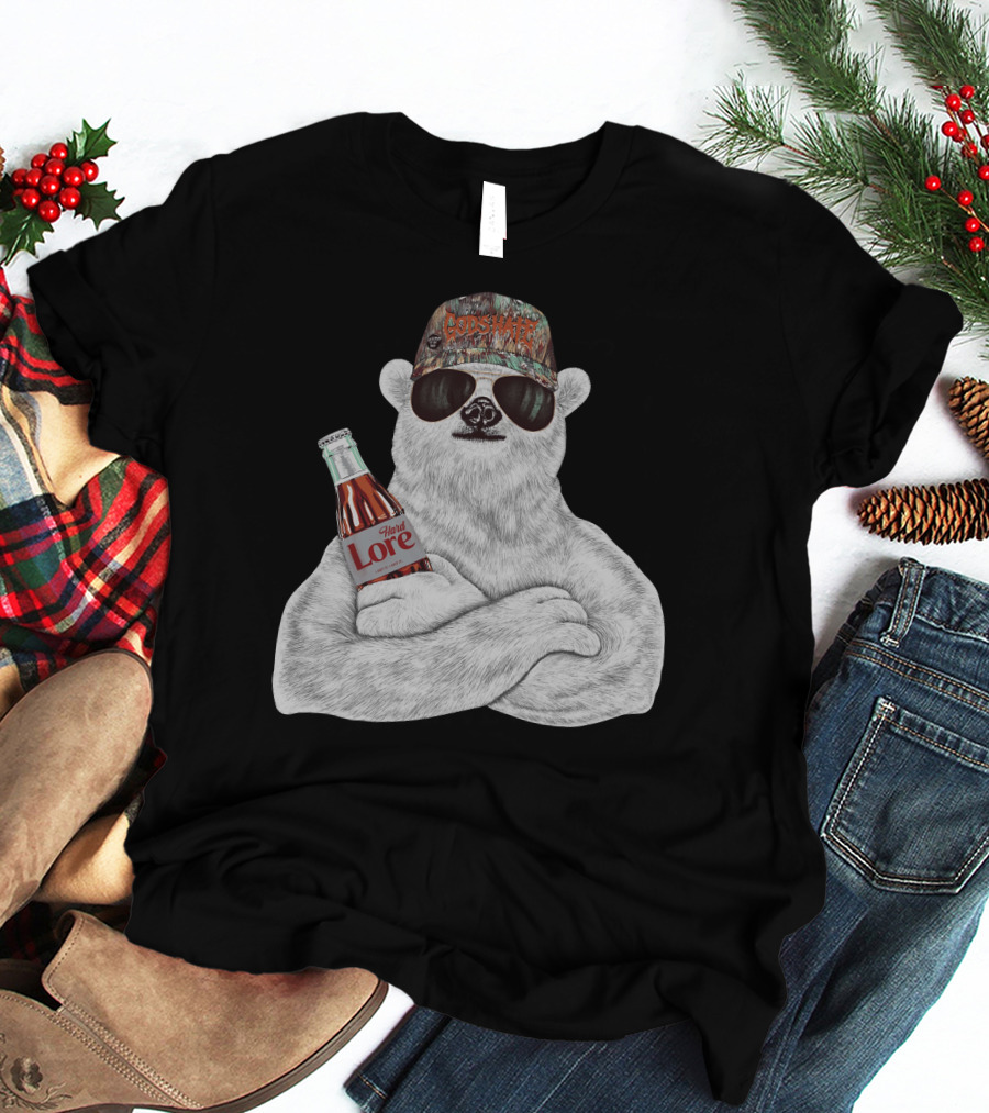 Polar Bear Gods Hate Hard Lore Camo Hat Sunglasses Holding Bottle T-Shirt