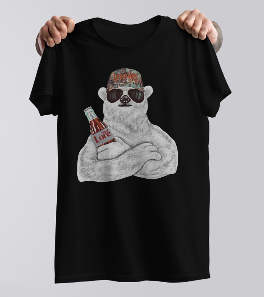 Polar Bear Gods Hate Hard Lore Camo Hat Sunglasses Holding Bottle T-Shirt