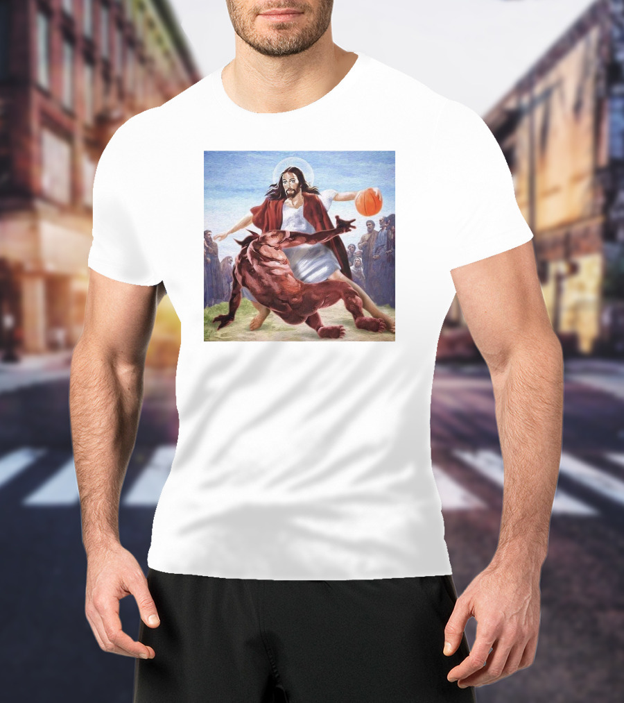 Jesus Dribbling Basketball Past Demon With Onlookers T-Shirt