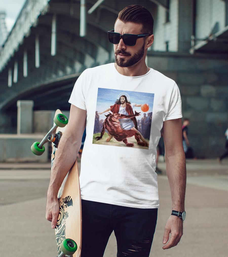 Jesus Dribbling Basketball Past Demon With Onlookers T-Shirt