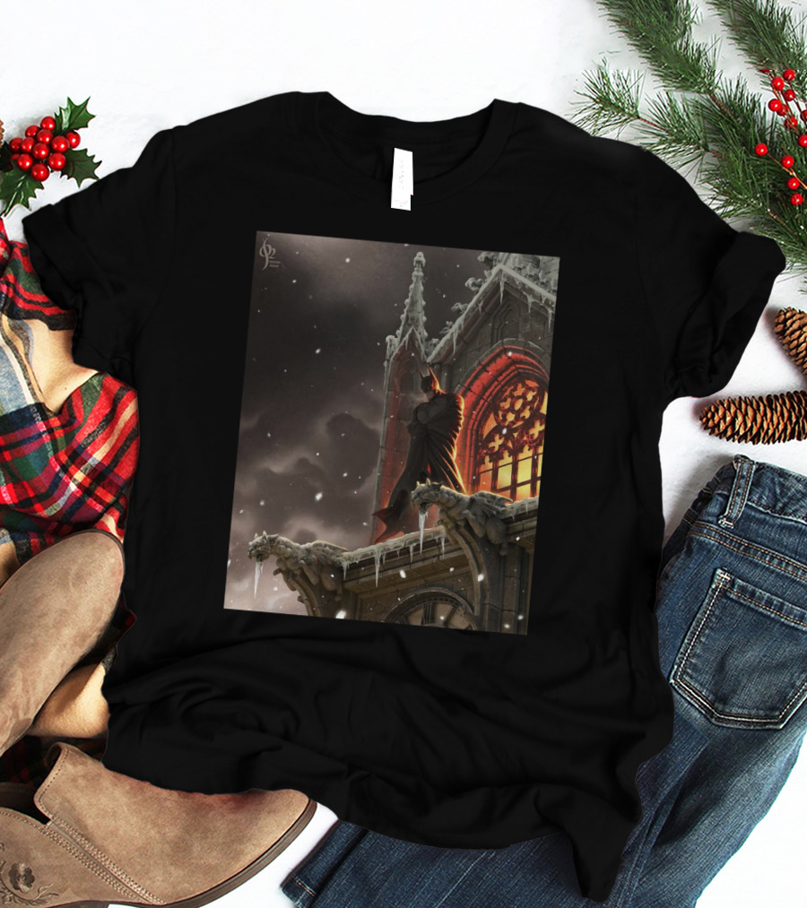 A Knight In The Frost Gothic Cathedral Snowfall Scene T-Shirt