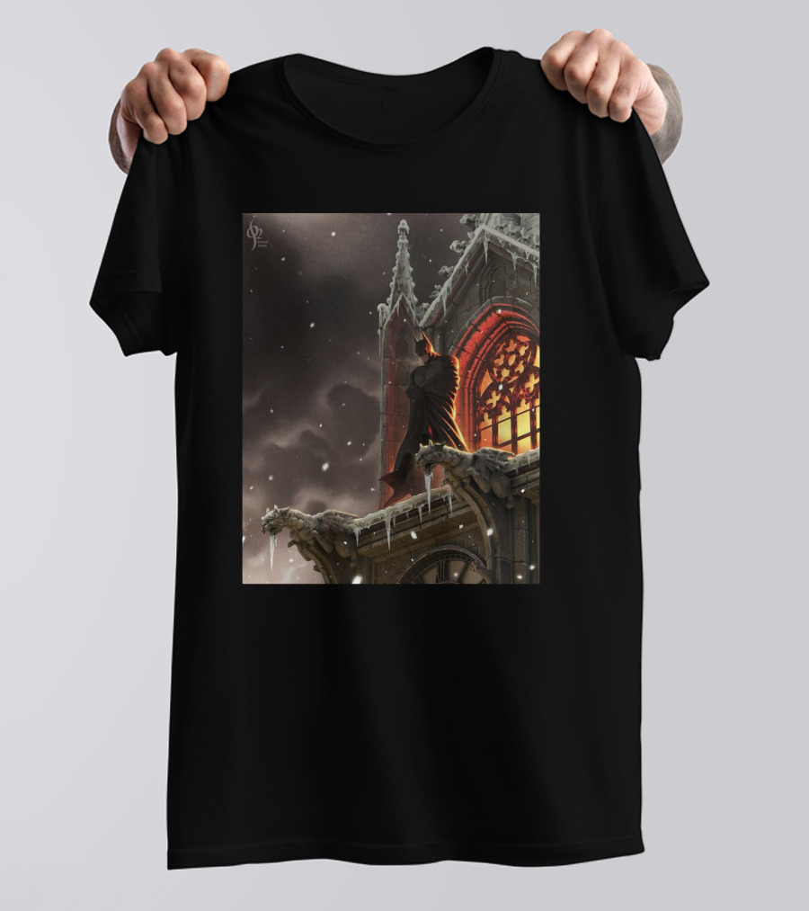 A Knight In The Frost Gothic Cathedral Snowfall Scene T-Shirt