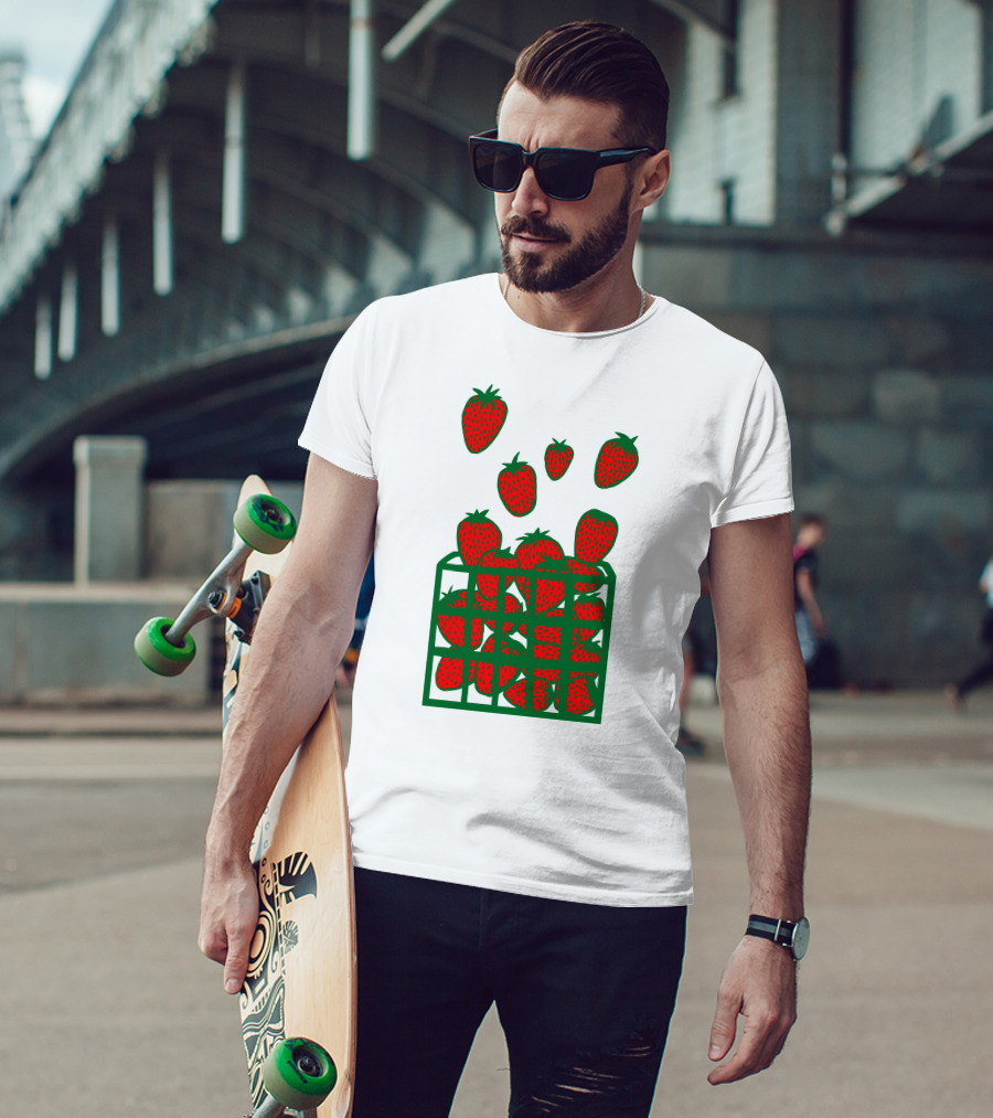 Strawberry Basket With Falling Strawberries Screen Print T-Shirt