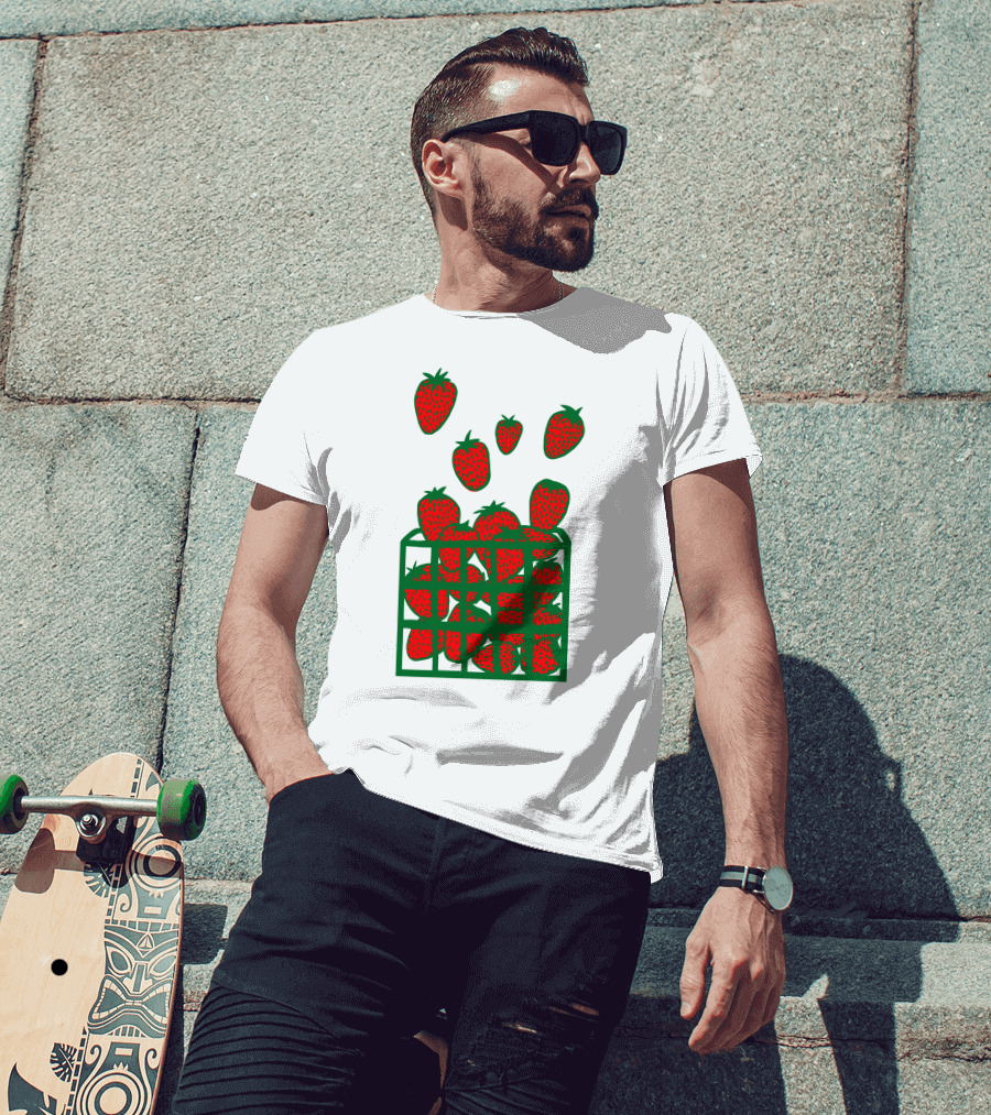 Strawberry Basket With Falling Strawberries Screen Print T-Shirt