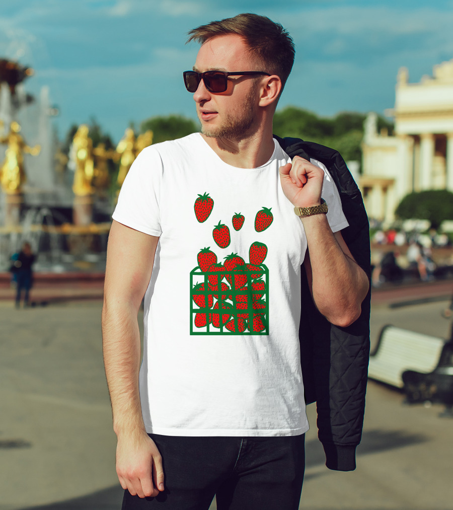 Strawberry Basket With Falling Strawberries Screen Print T-Shirt