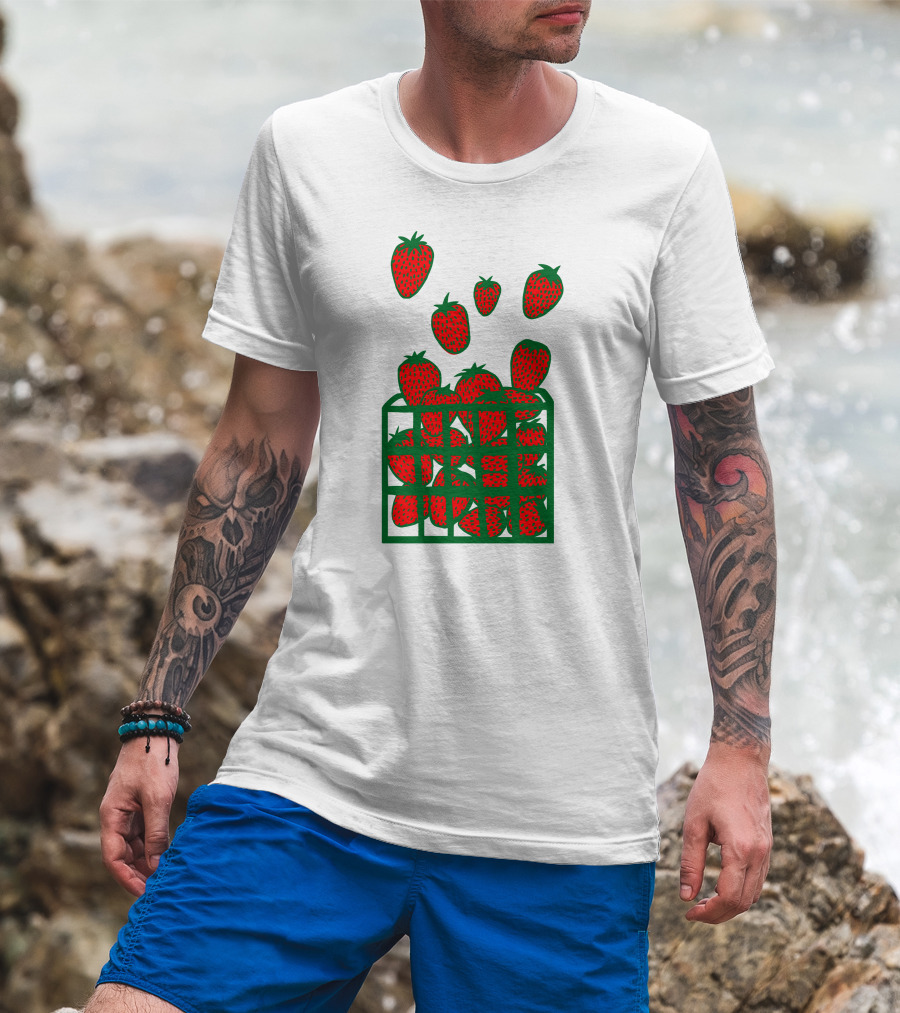 Strawberry Basket With Falling Strawberries Screen Print T-Shirt