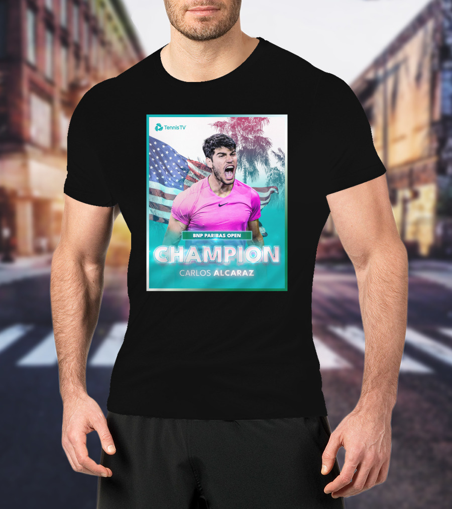 TennisTV BNP Paribas Open Champion Carlos Alcaraz American Flag Background T-Shirt