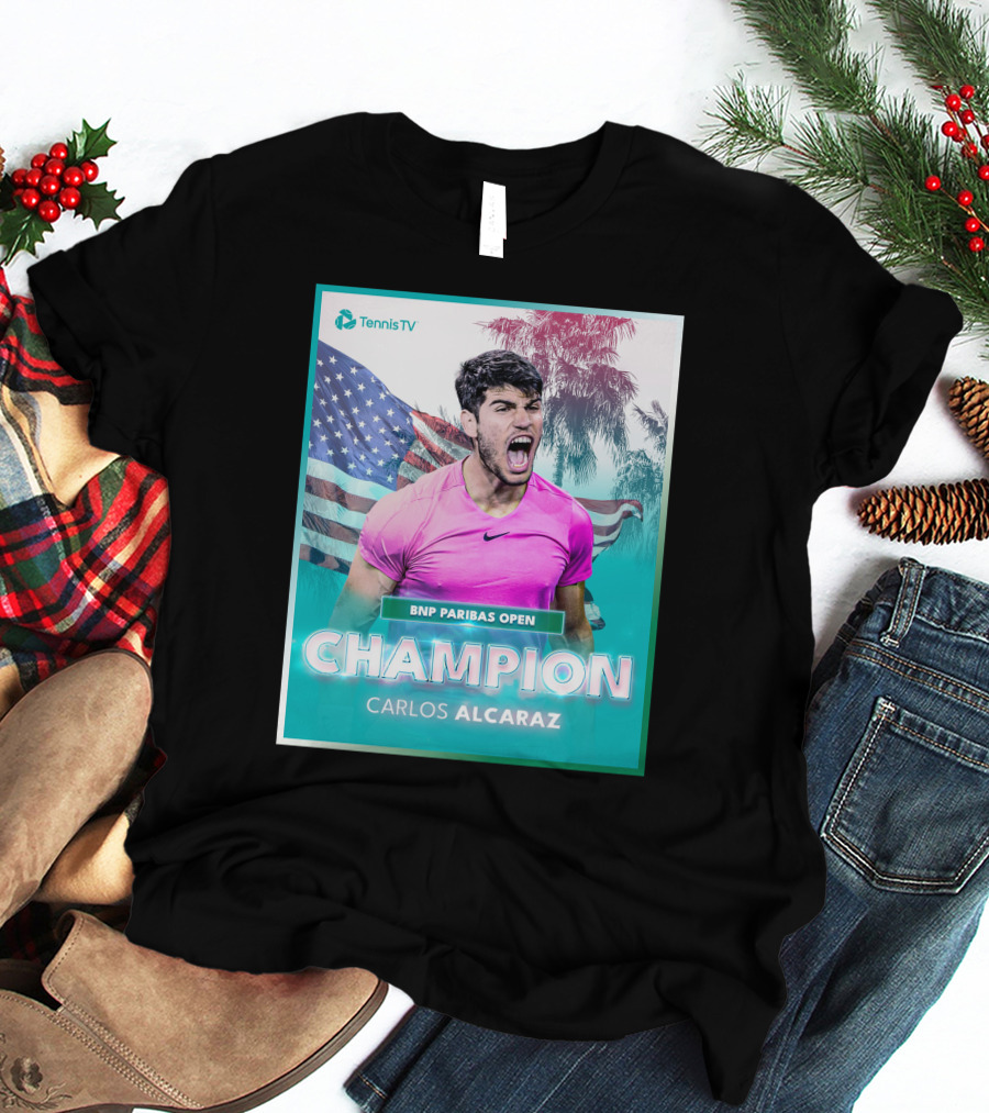 TennisTV BNP Paribas Open Champion Carlos Alcaraz American Flag Background T-Shirt