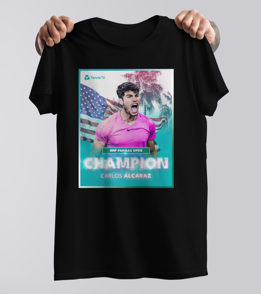 TennisTV BNP Paribas Open Champion Carlos Alcaraz American Flag Background T-Shirt