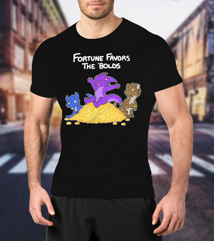 Kobold Fortune Favors The Bold Colorful Cartoon Creatures On Gold Coins T-Shirt