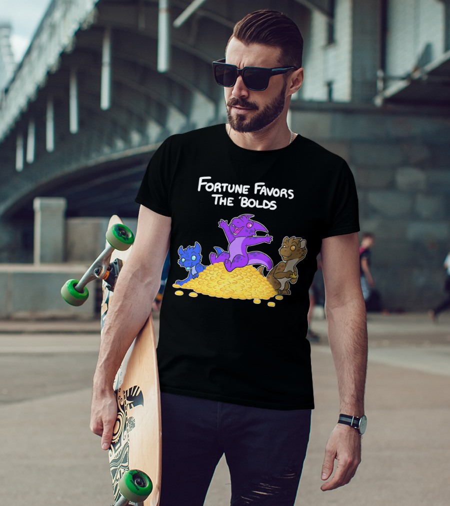 Kobold Fortune Favors The Bold Colorful Cartoon Creatures On Gold Coins T-Shirt