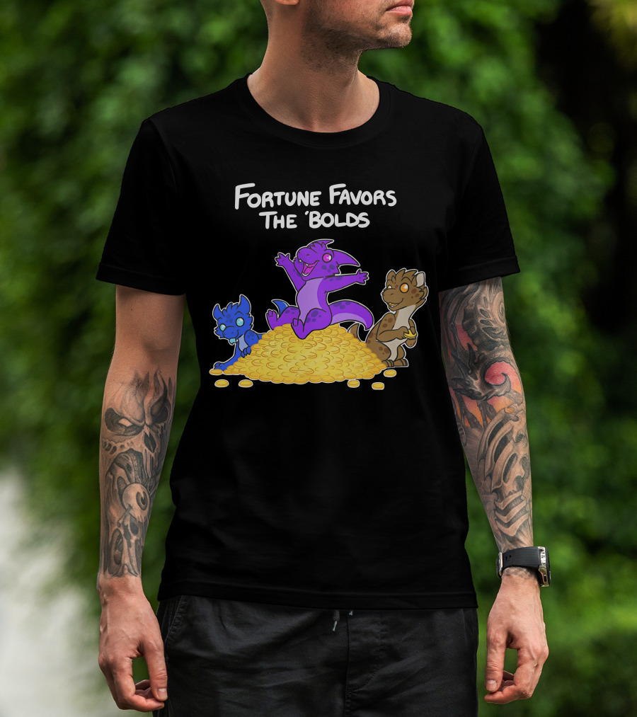 Kobold Fortune Favors The Bold Colorful Cartoon Creatures On Gold Coins T-Shirt