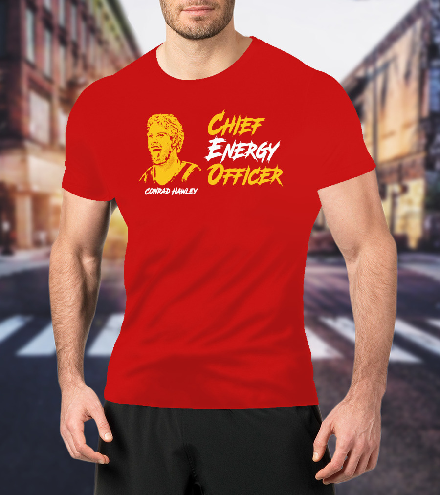 Conrad Hawley Chief Energy Officer Enthusiastic Portrait In Bold Yellow And White Text T-Shirt