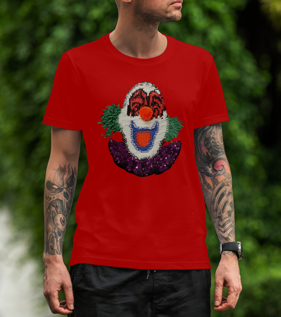 Sequin-Embellished Intarsia Wool Clown Face With Green Hair And Purple Collar T-Shirt