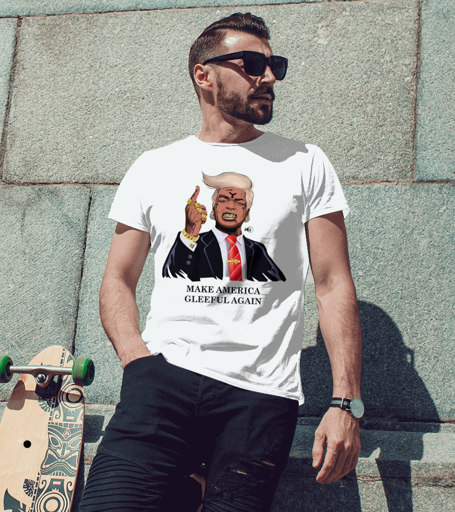 Make America Gleeful Again Blonde Hairstyle Gold Teeth Rings Tattooed Face T-Shirt