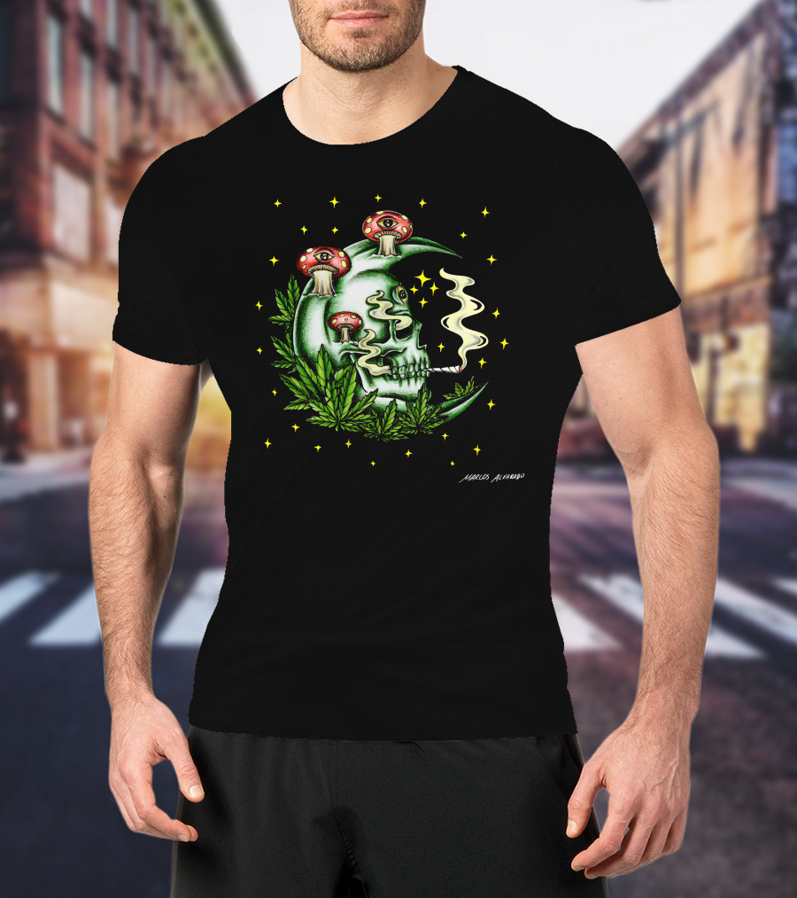 Marcos Alvarado Smoking Moon Skull With Mushroom Eyes And Cannabis Leaves T-Shirt