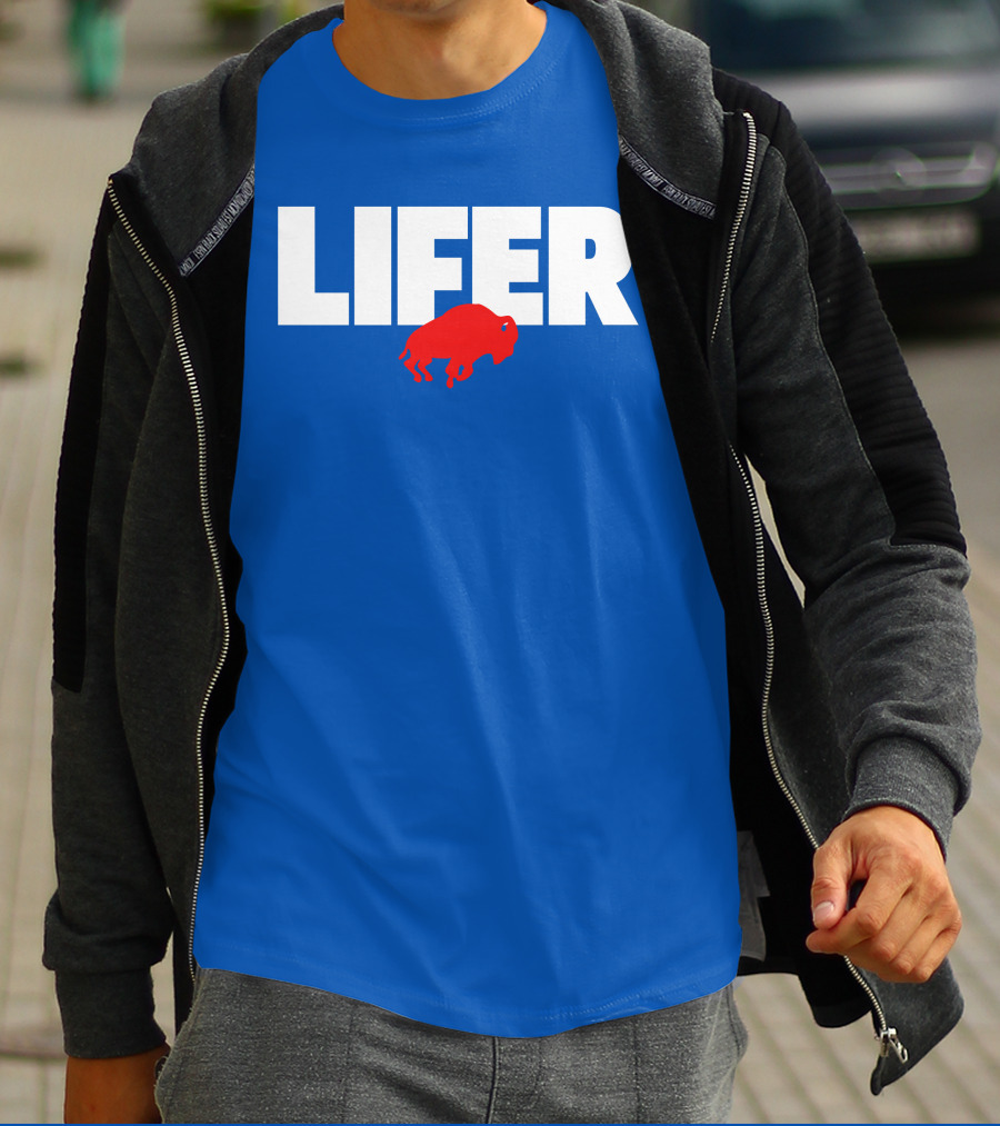 Lifer Buffalo Silhouette Blue Background T-Shirt