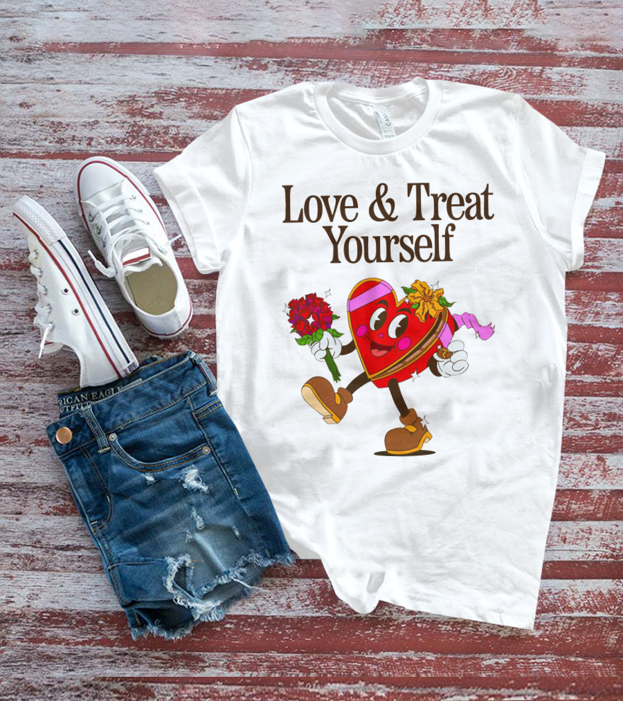 Love And Treat Yourself Heart Character With Flowers And Bow Tie T-Shirt
