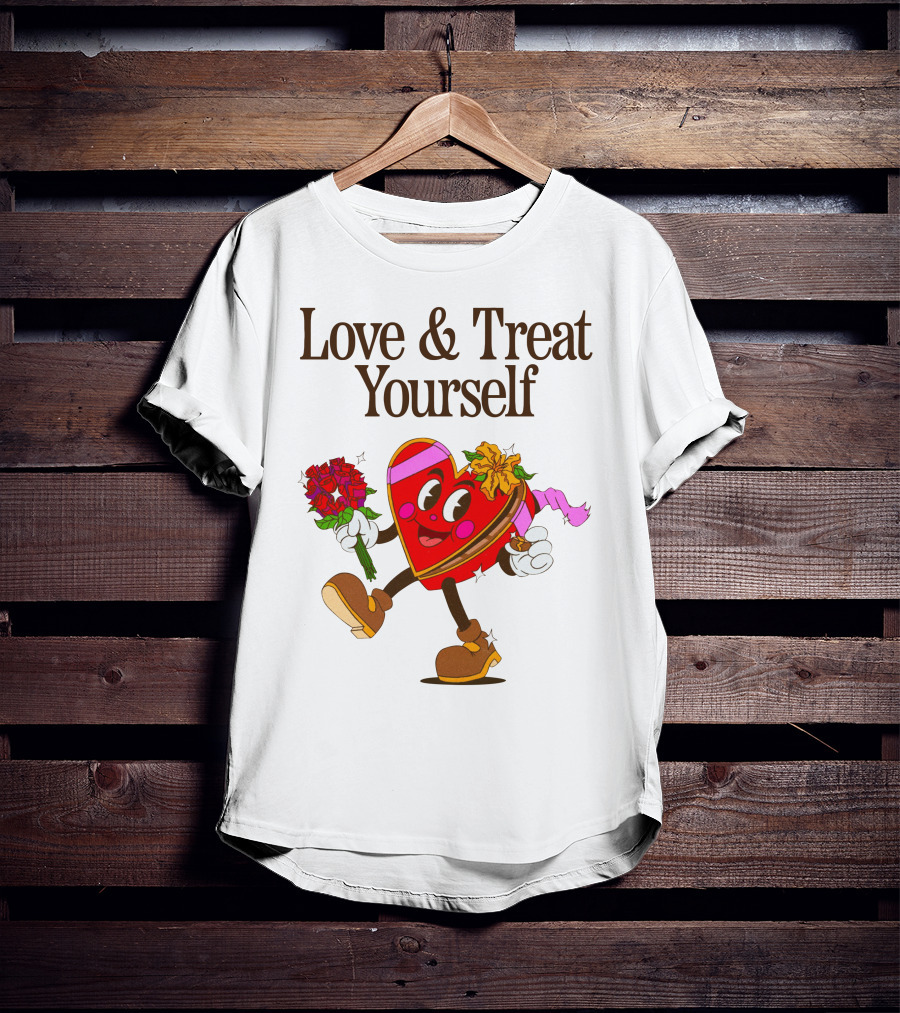 Love And Treat Yourself Heart Character With Flowers And Bow Tie T-Shirt