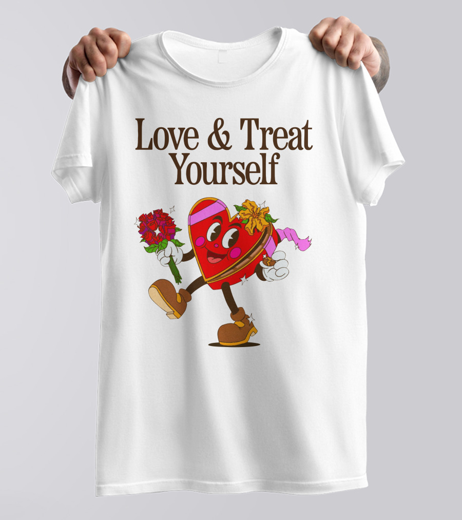 Love And Treat Yourself Heart Character With Flowers And Bow Tie T-Shirt