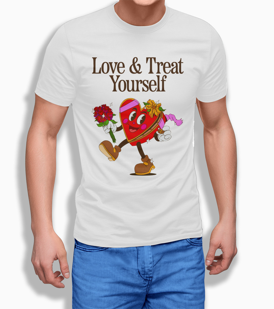 Love And Treat Yourself Heart Character With Flowers And Bow Tie T-Shirt