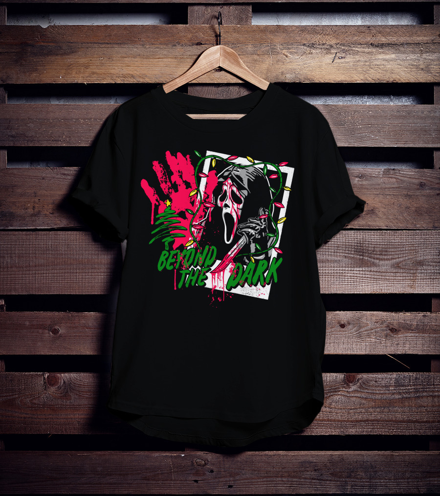 Beyond The Dark Ghost Face Christmas Lights And Bloody Handprint T-Shirt