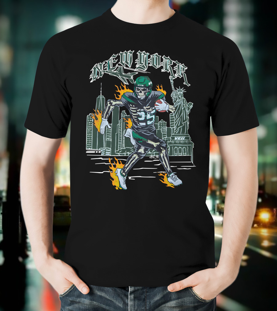 Veiiapparel New York Veii Ty Johnson Jetpack Mike White Statue Of Liberty Football Skyline Flames T-Shirt