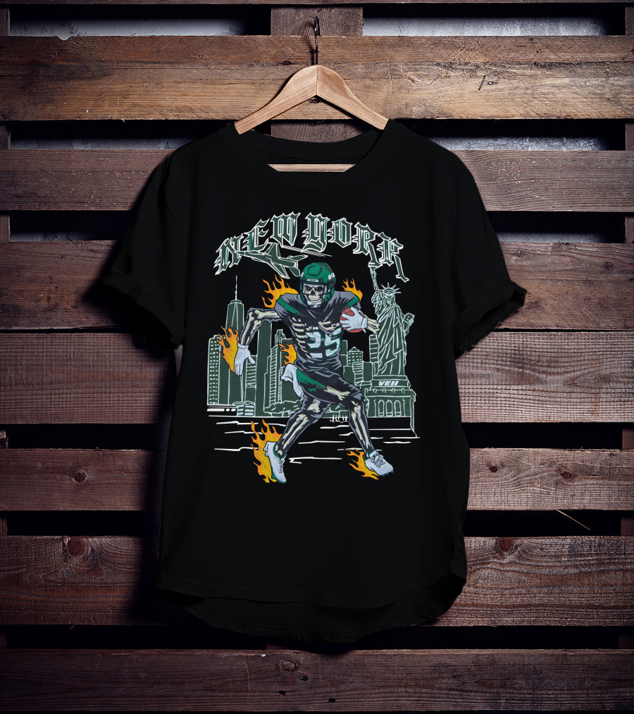 Veiiapparel New York Veii Ty Johnson Jetpack Mike White Statue Of Liberty Football Skyline Flames T-Shirt