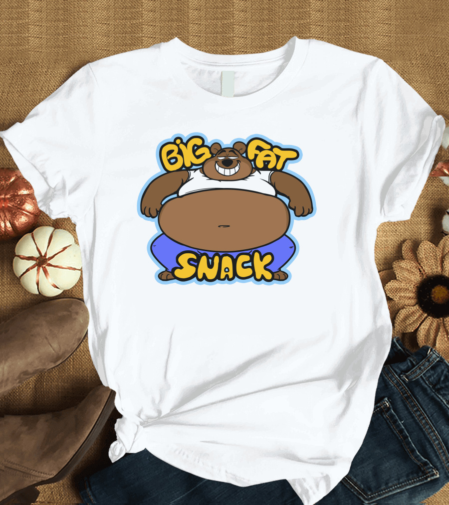 Big Fat Snack Bear Grinning In White Tank And Blue Pants T-Shirt