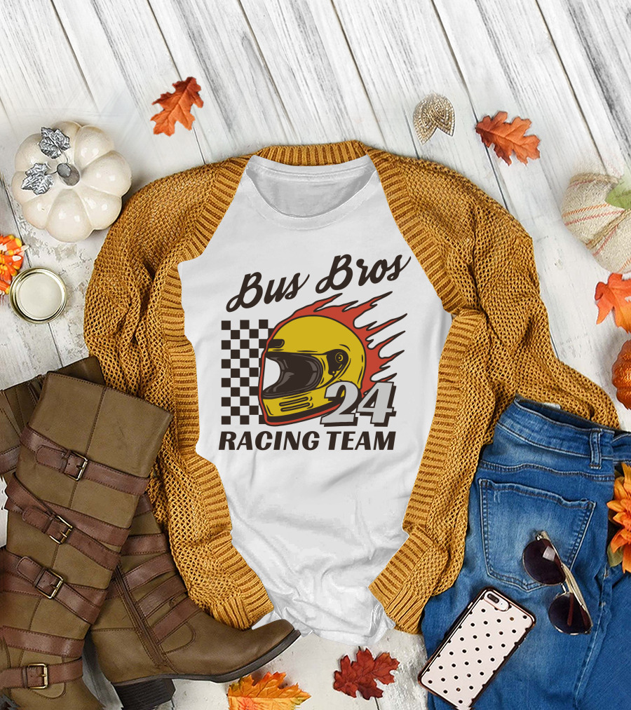 Bus Bros 24 Racing Team Helmet Flames Checkered Flag T-Shirt
