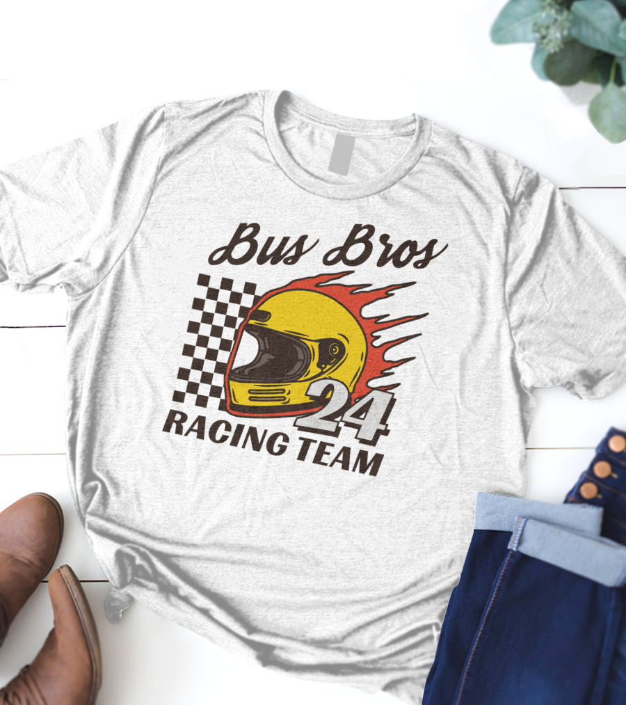 Bus Bros 24 Racing Team Helmet Flames Checkered Flag T-Shirt