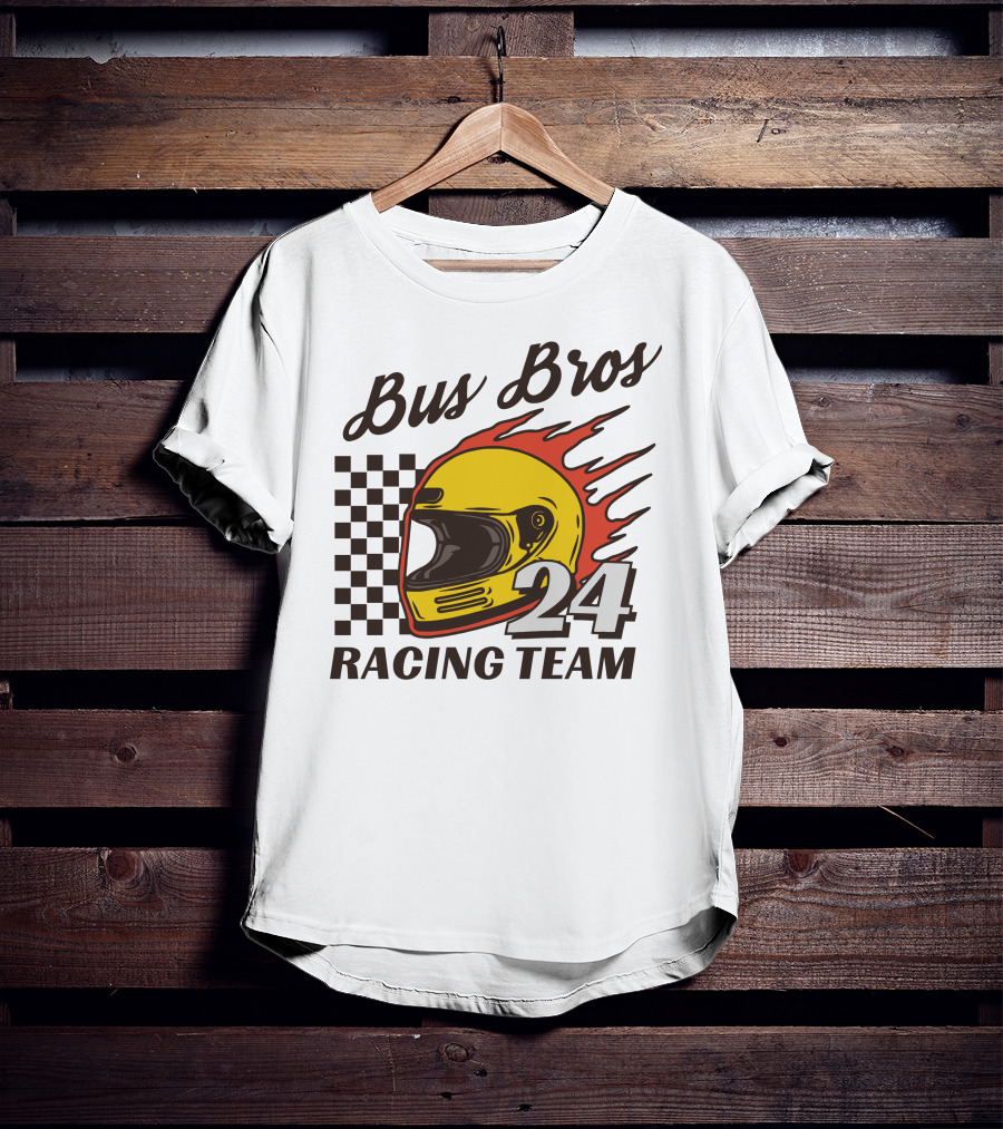 Bus Bros 24 Racing Team Helmet Flames Checkered Flag T-Shirt