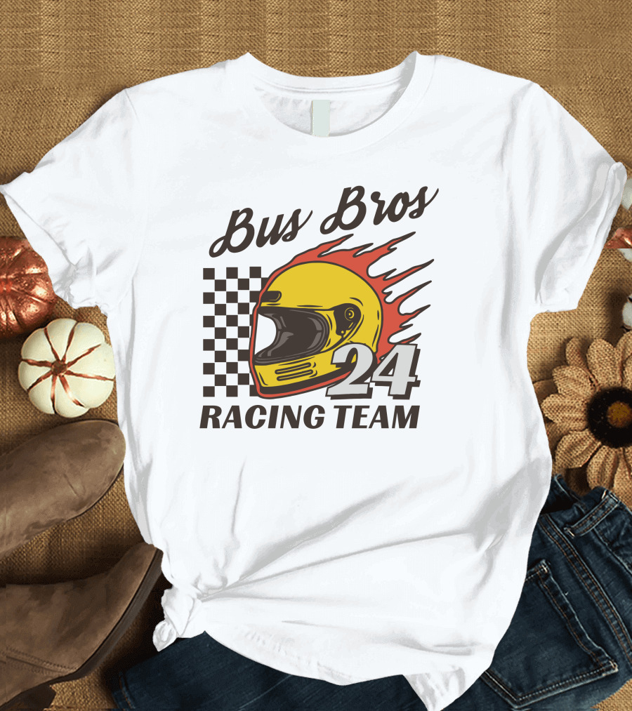 Bus Bros 24 Racing Team Helmet Flames Checkered Flag T-Shirt