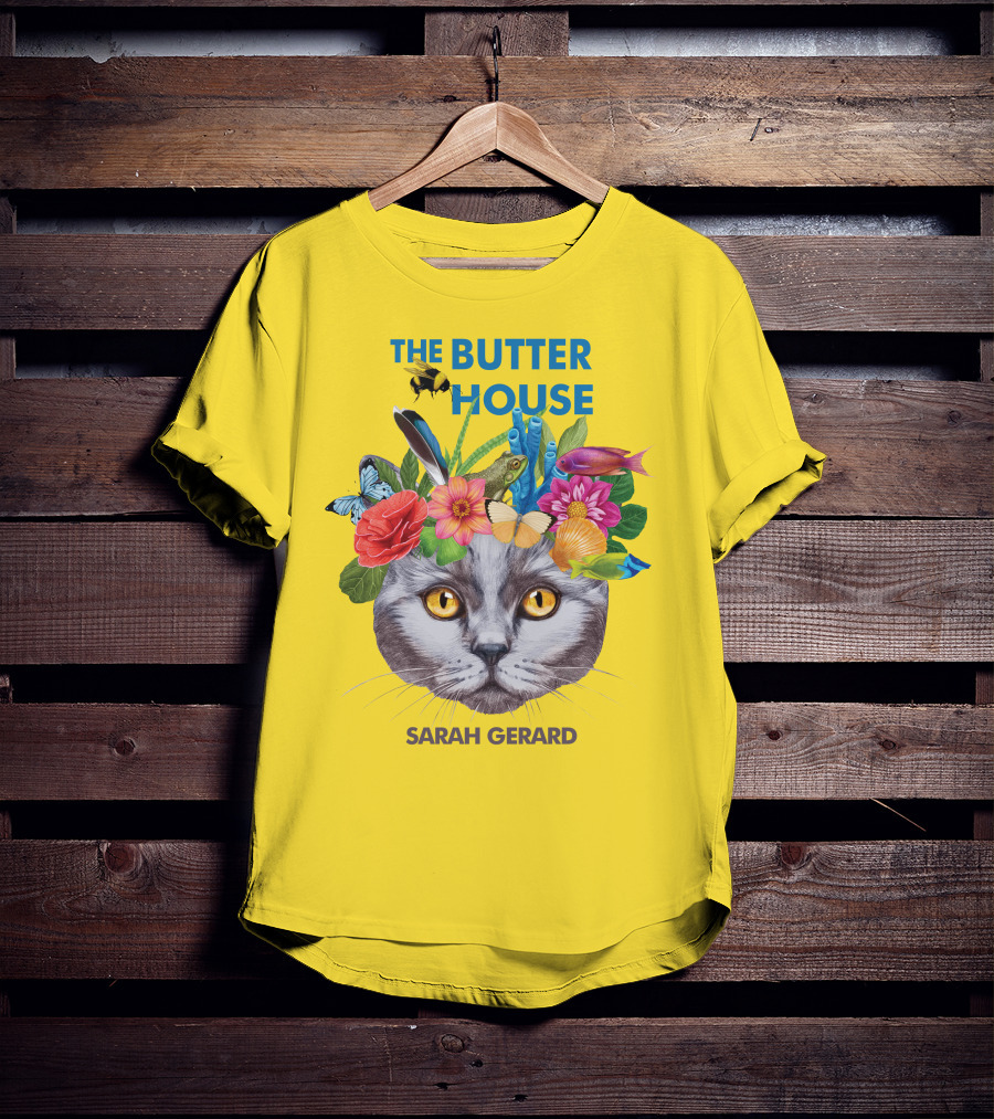 The Butter House Sarah Gerard Floral Cat With Butterflies And Fish On Yellow T-Shirt
