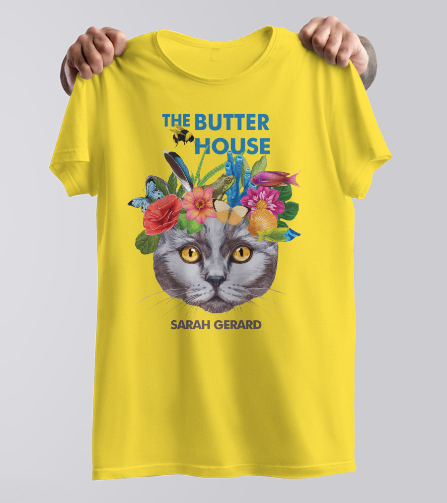 The Butter House Sarah Gerard Floral Cat With Butterflies And Fish On Yellow T-Shirt